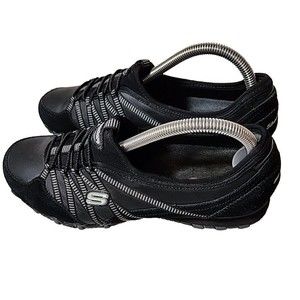 Skechers Leather Bikers BLACK‎ Womens Comfort Sneakers Shoes Slip Ons Size 10